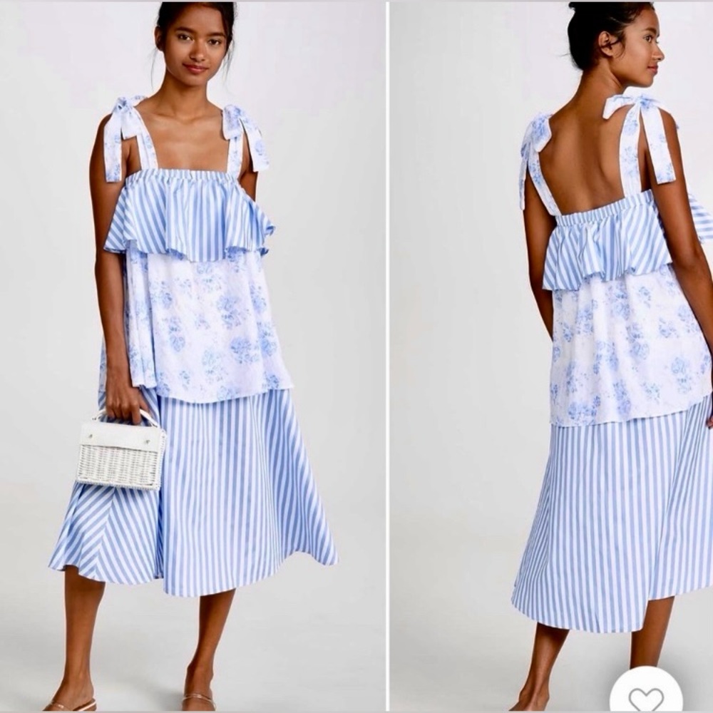 NEW English Factory Mixed Print Midi Dress Blue White Stripe Floral Size L